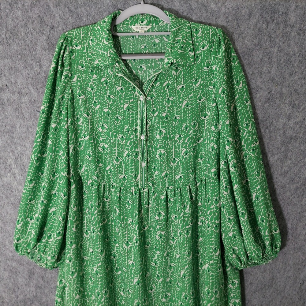 Max Studio Women Dress L Green Artsy Cottagecore Boho Tiered  Floral Maxi Button - Picture 2 of 11